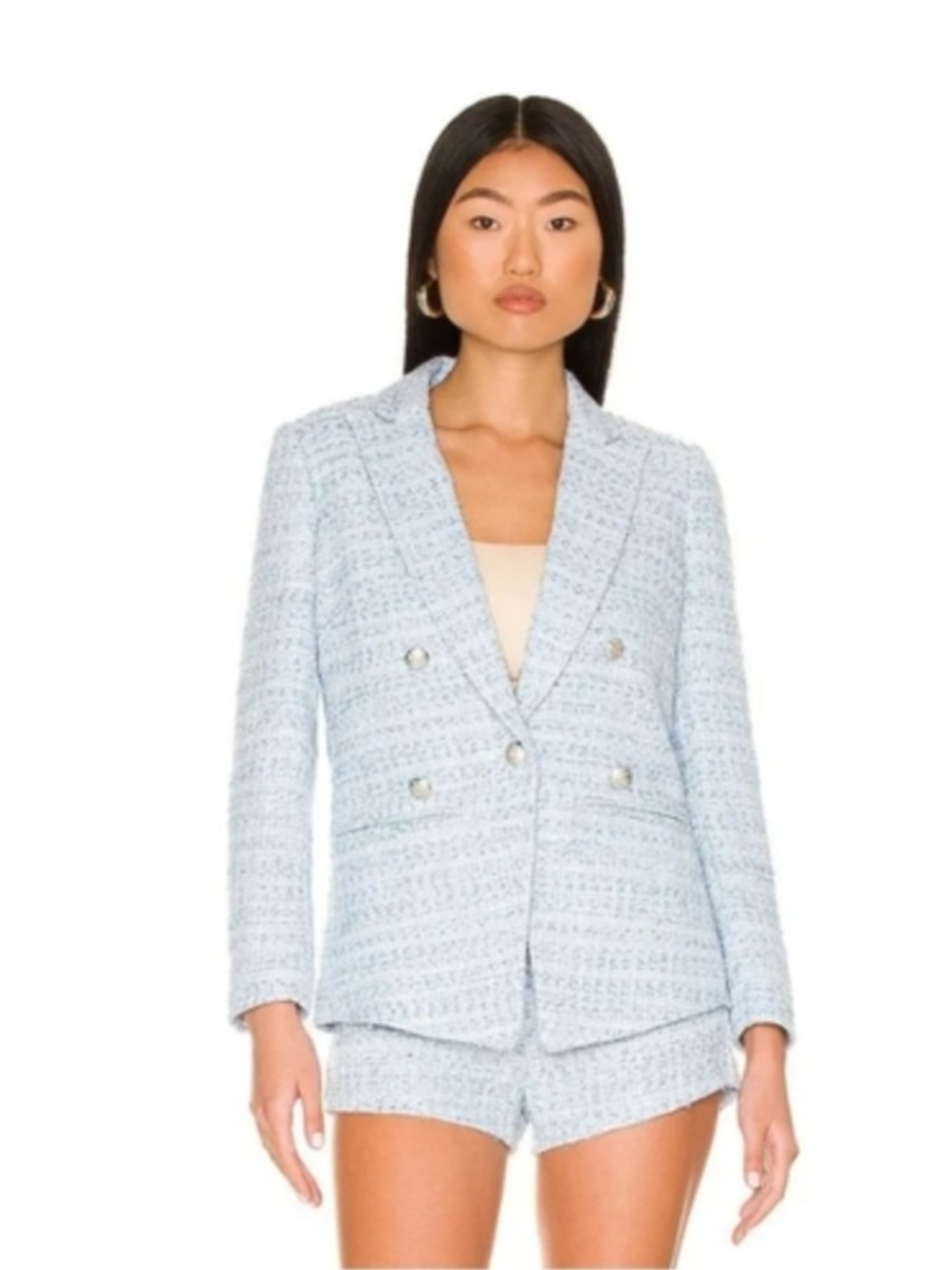 Aqua Light Blue Tweed Double-Breasted Blazer